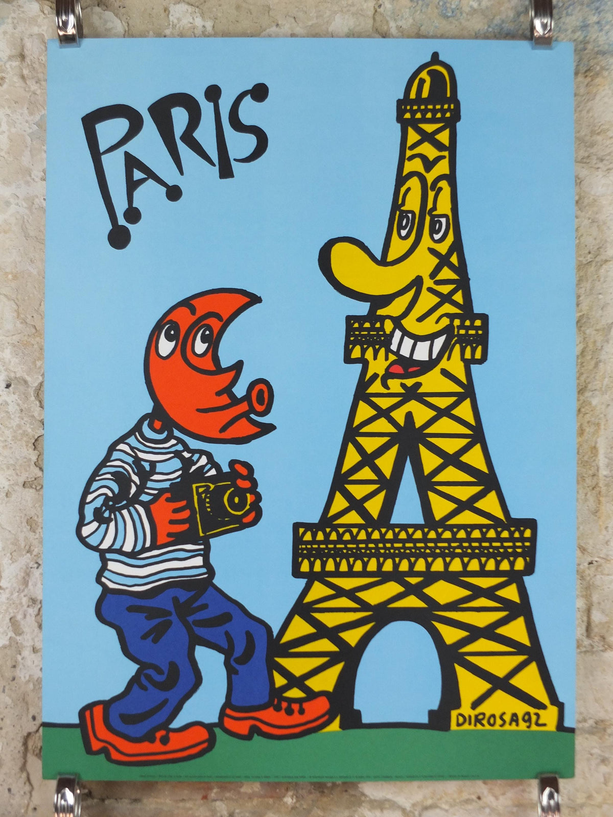 1992 Eiffel Tower Paris Poster, The Moon man in Paris by Hervé Di Rosa, Tete de lune a Paris, France wall art decor