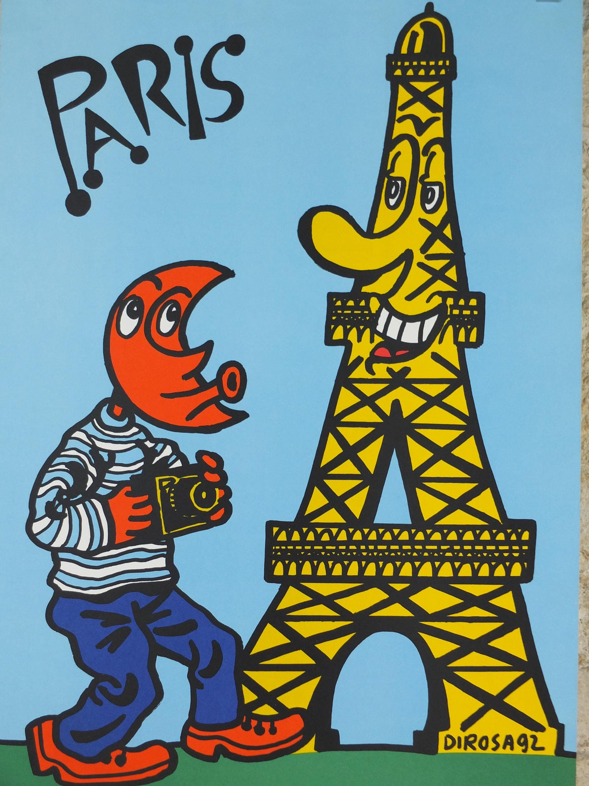 1992 Eiffel Tower Paris Poster, The Moon man in Paris by Hervé Di Rosa, Tete de lune a Paris, France wall art decor