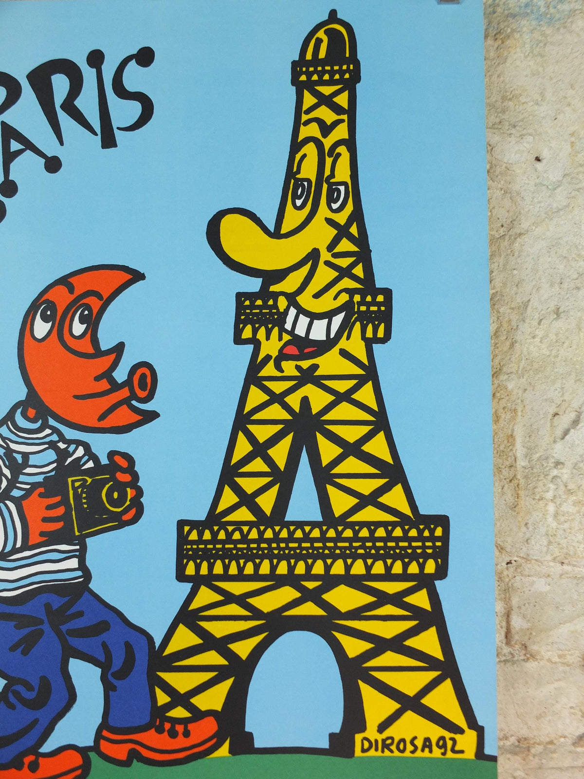 1992 Eiffel Tower Paris Poster, The Moon man in Paris by Hervé Di Rosa, Tete de lune a Paris, France wall art decor
