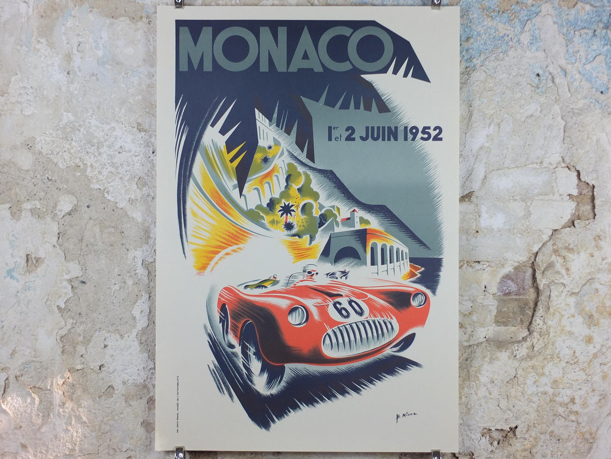 1952 Monaco Grand Prix Poster, by B Minne, re-edition from 1991 from Automobile Club de Monaco, motor sport motorsport, wall art decor