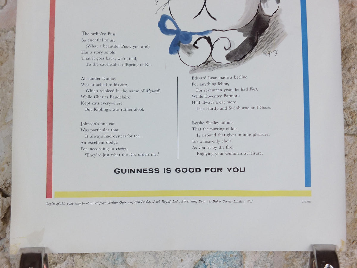 1961 Guinness Cat Poster, A Symposium of Cats, Guinness Pet Page, by Gerard Hoffnung, ale Irish stout beer advertising, wall art decor