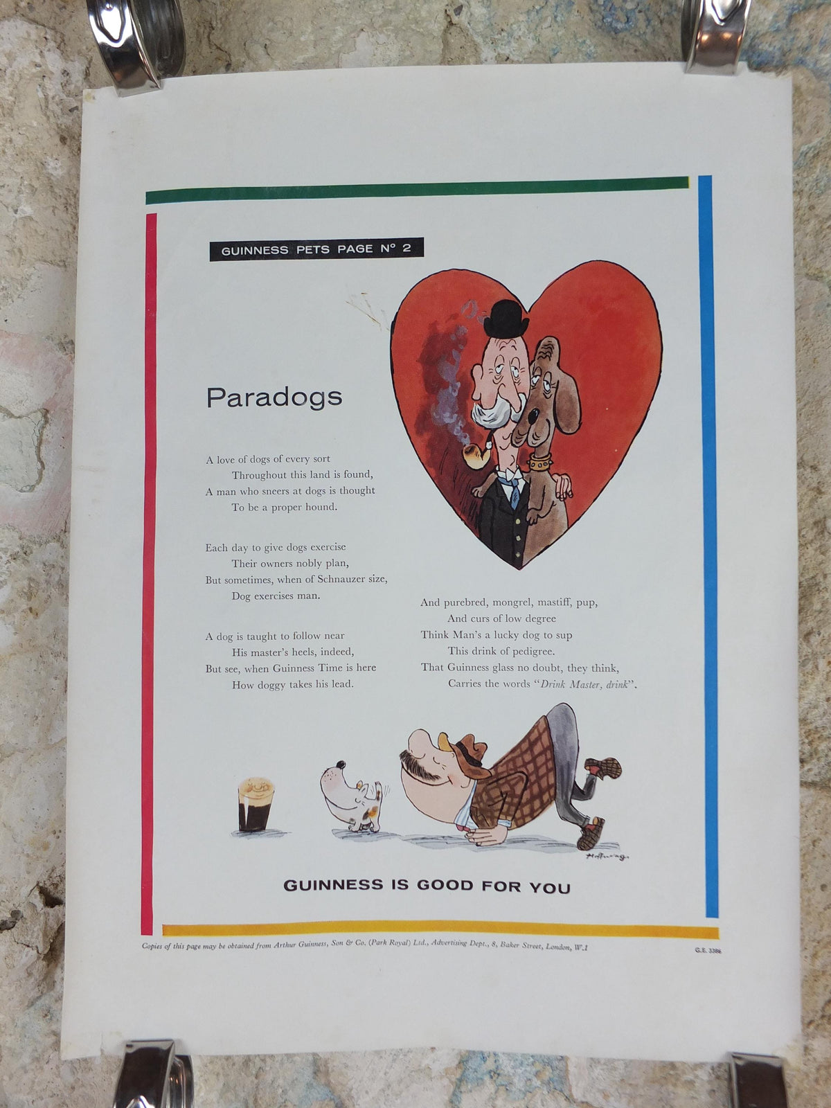 1961 Guinness Dog Poster, Paradogs, Guinness Pet Page, Mans Best Friend by Gerard Hoffnung, ale Irish stout beer advertising, wall art decor