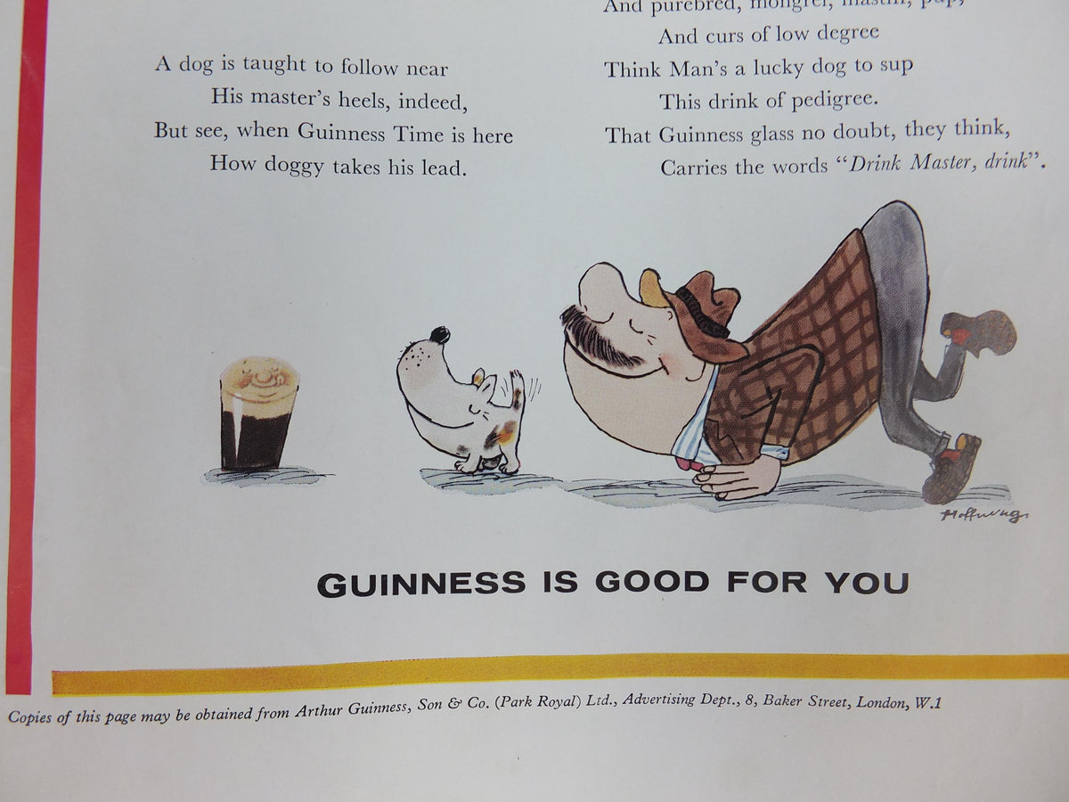 1961 Guinness Dog Poster, Paradogs, Guinness Pet Page, Mans Best Friend by Gerard Hoffnung, ale Irish stout beer advertising, wall art decor