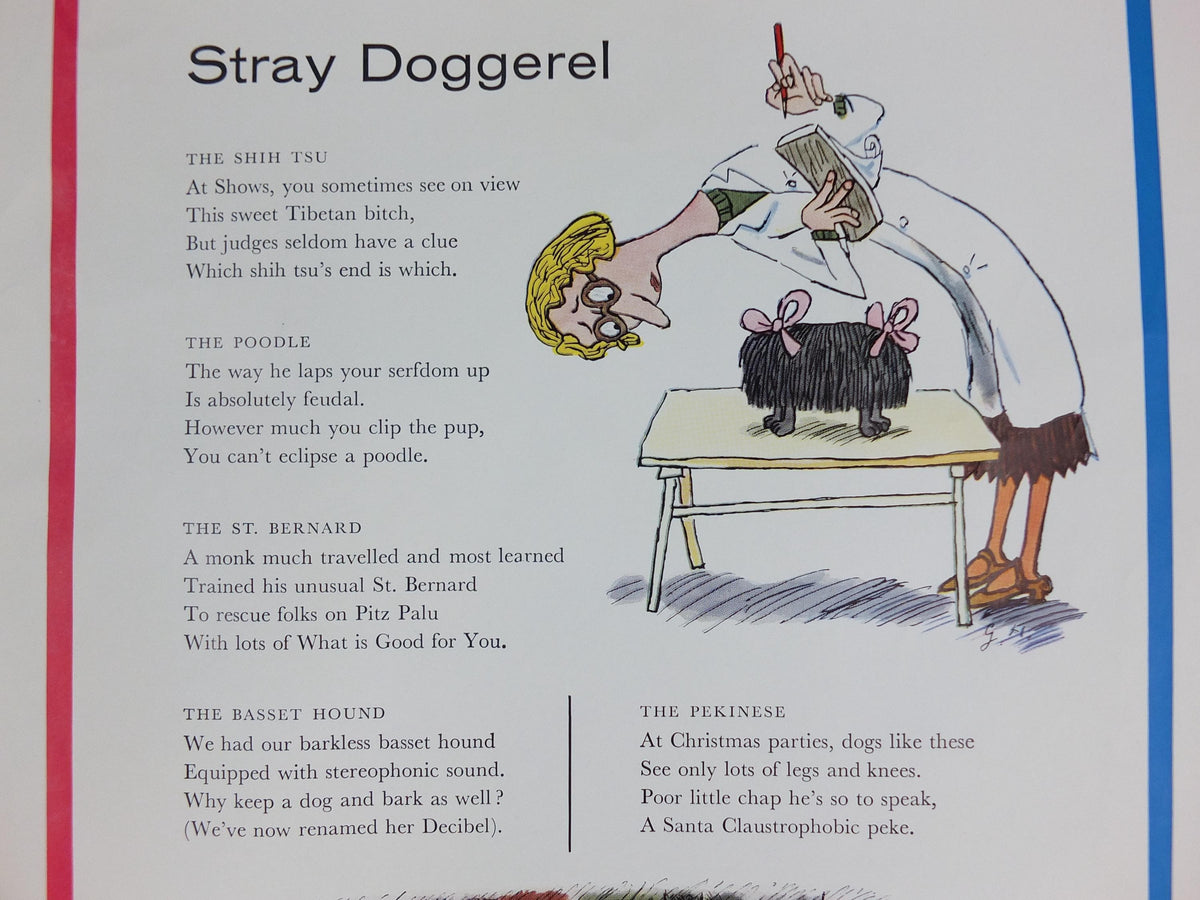 1961 Guinness Dog Poster, Stray Doggerel, Shih Tsu, Poodle, St Bernard, Basset Hound, Pekinese, ale Irish stout beer advertising, wall art