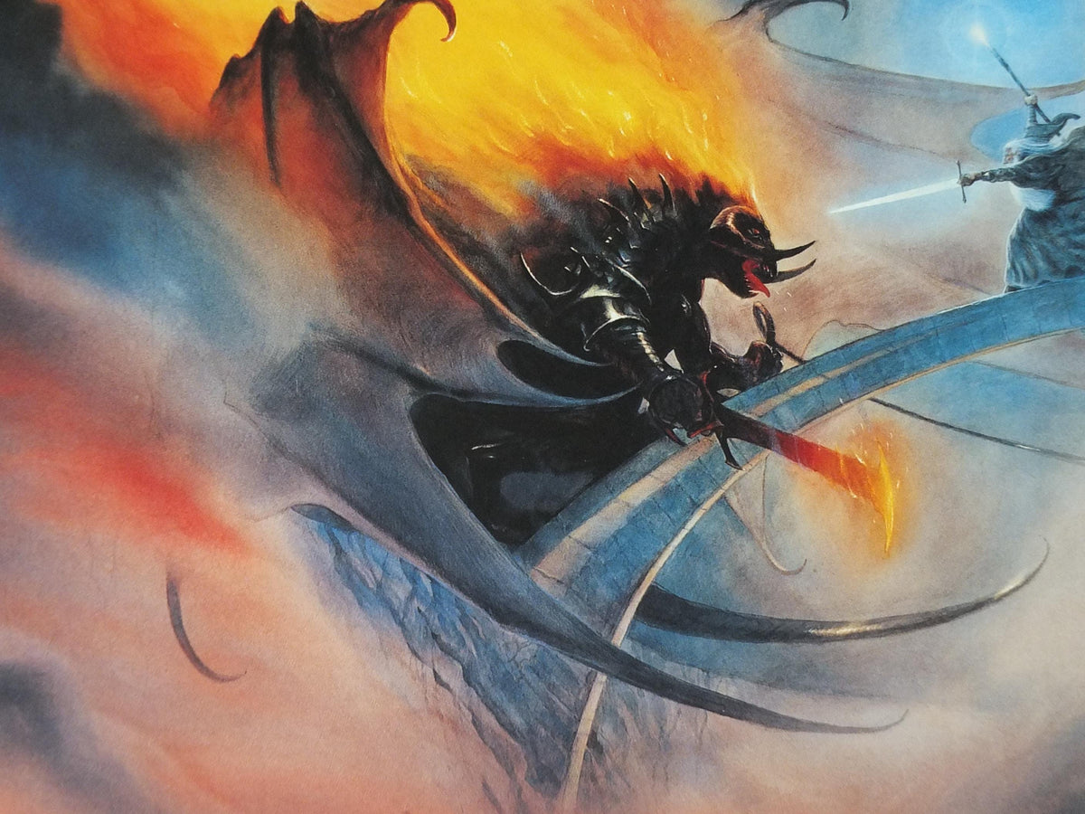 Vintage Gandalf and The Balrog by John Howe Poster, Tolkien, Lord of the Rings, Fellowship of the Ring, illustration print, wall art decor