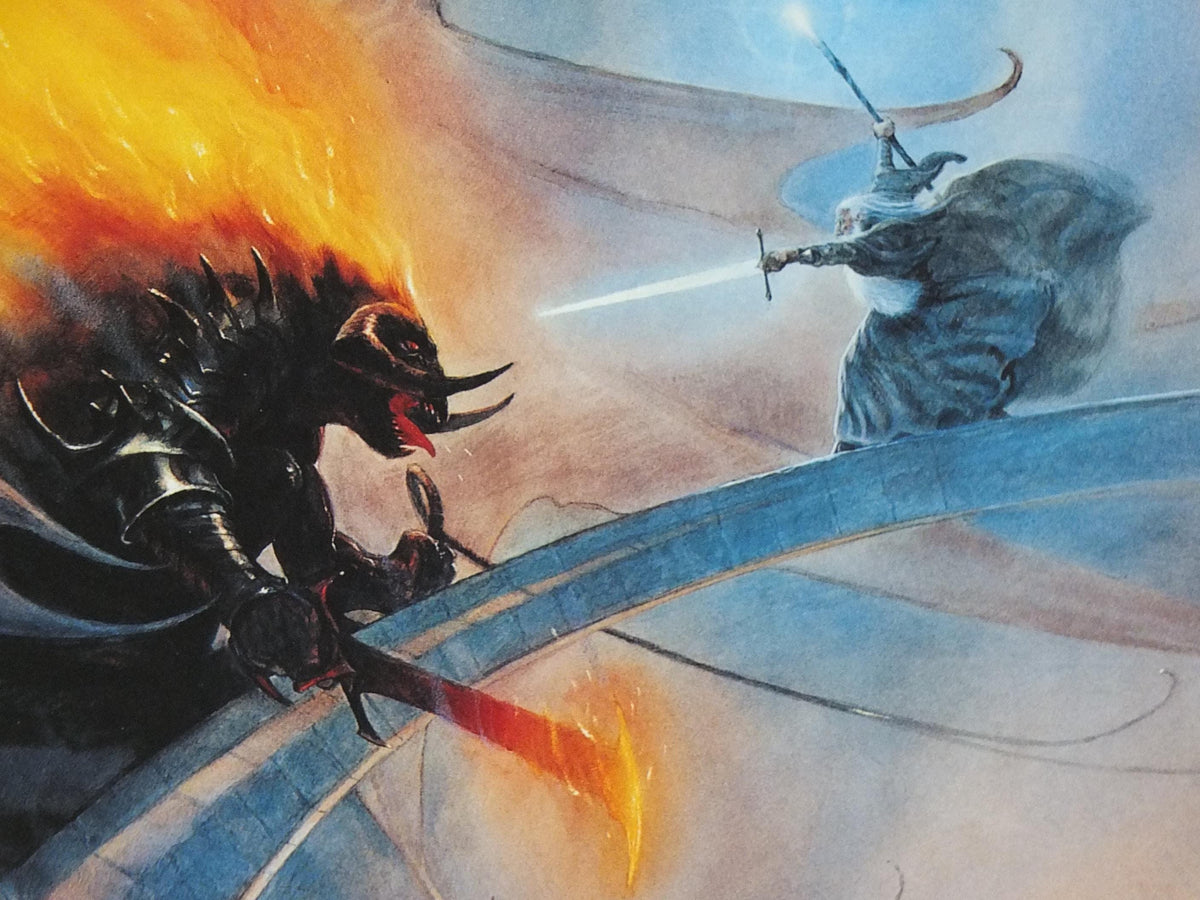 Vintage Gandalf and The Balrog by John Howe Poster, Tolkien, Lord of the Rings, Fellowship of the Ring, illustration print, wall art decor