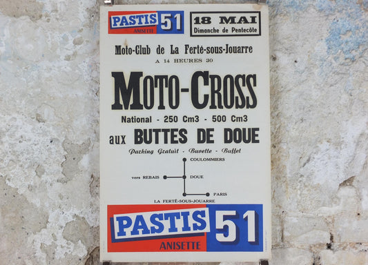 1950s Pastis 51 Motocross Poster, Pastis 51 Anisette, Aniseed drinking alcohol, motorbikes motor cross Buttes de Doue, Paris, wall art decor