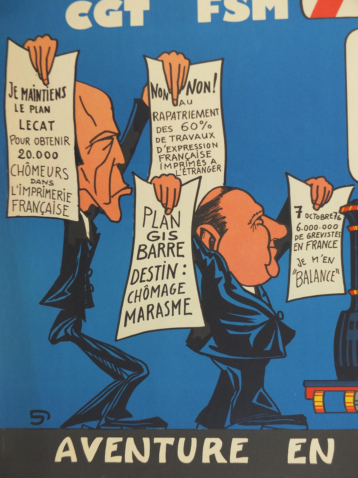 1976 French Labour Unions Poster, Imprimerie Chaix, CGT and FSM, workers rights better pay and conditions, wall art decor