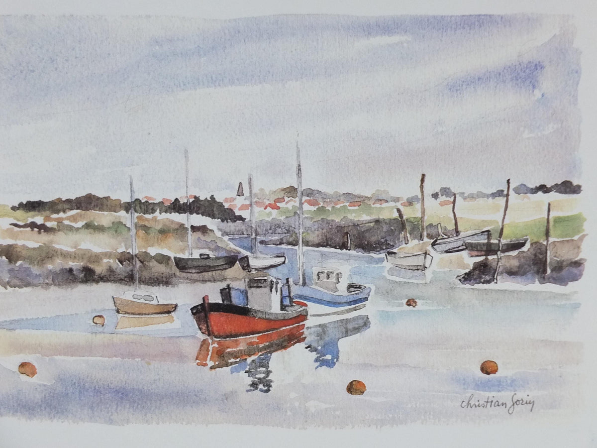 1982 Christian Gorin Poster, sailing boats in a harbour in a French village by the sea on a cloudy day, French Paris, wall art decor
