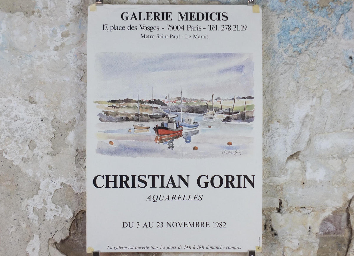 1982 Christian Gorin Poster, sailing boats in a harbour in a French village by the sea on a cloudy day, French Paris, wall art decor