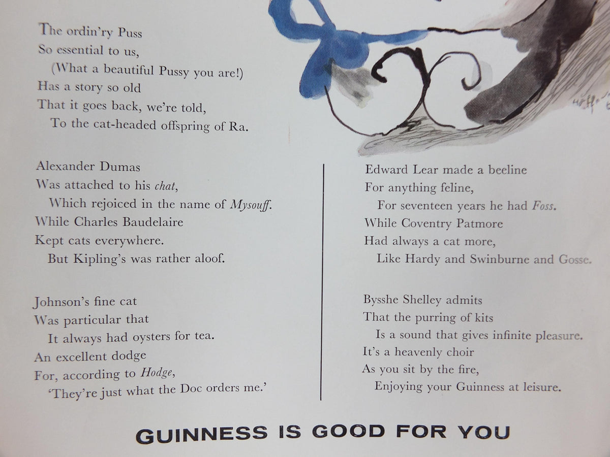 1961 Guinness Cat Poster, A Symposium of Cats, Guinness Pet Page, by Gerard Hoffnung, ale Irish stout beer advertising, wall art decor