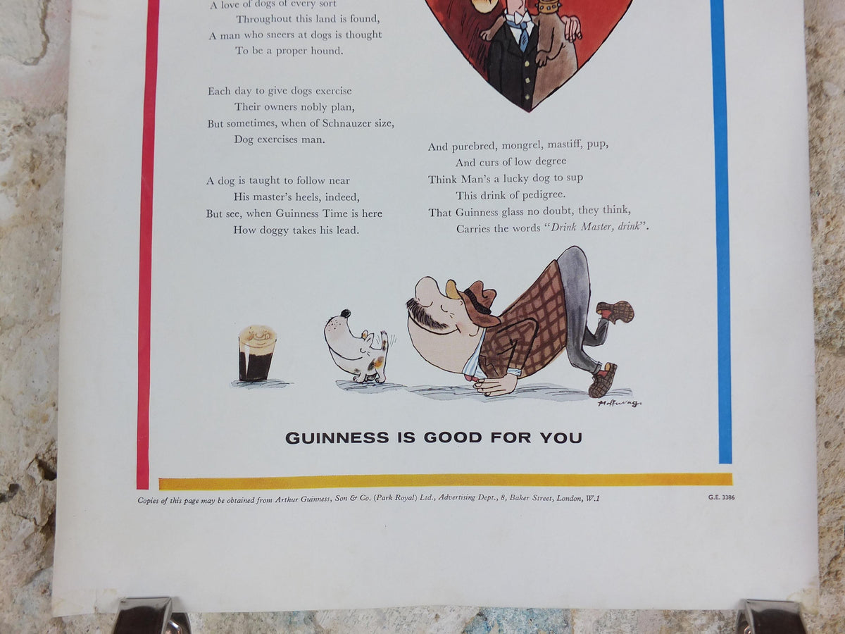1961 Guinness Dog Poster, Paradogs, Guinness Pet Page, Mans Best Friend by Gerard Hoffnung, ale Irish stout beer advertising, wall art decor