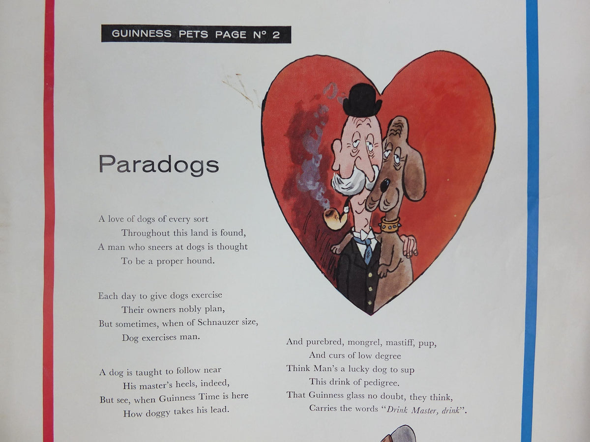 1961 Guinness Dog Poster, Paradogs, Guinness Pet Page, Mans Best Friend by Gerard Hoffnung, ale Irish stout beer advertising, wall art decor