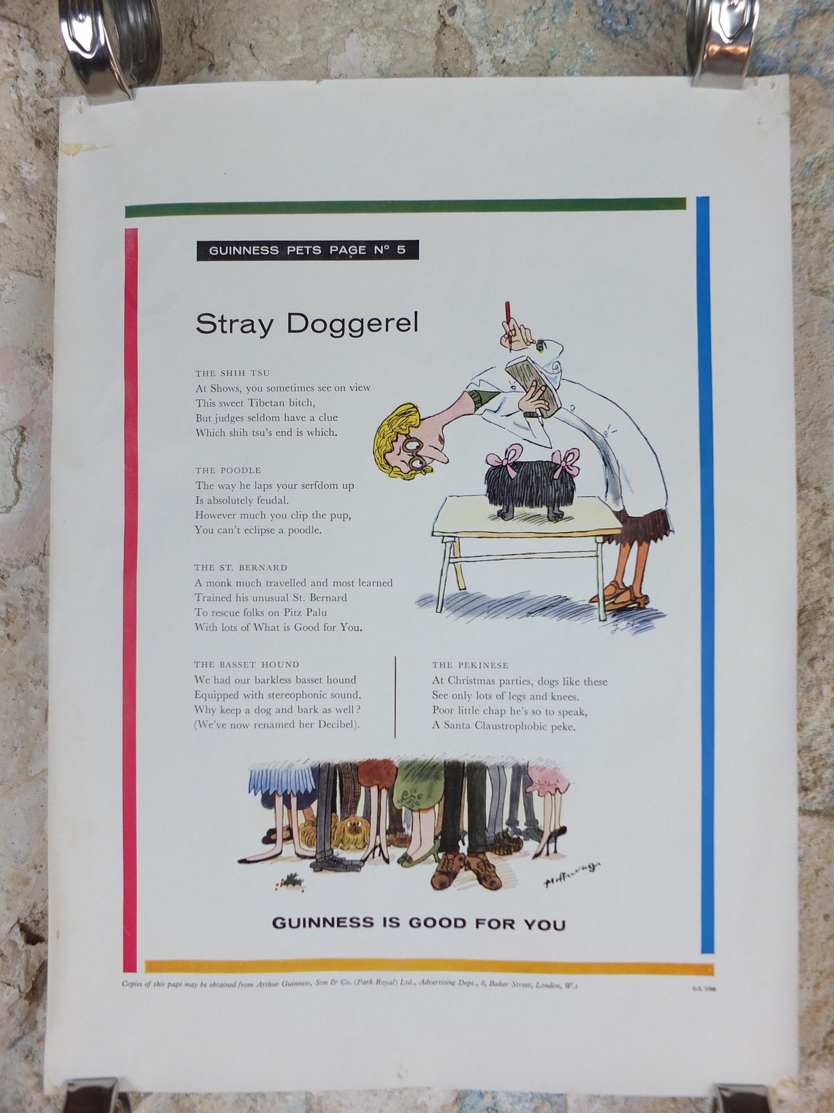 1961 Guinness Dog Poster, Stray Doggerel, Shih Tsu, Poodle, St Bernard, Basset Hound, Pekinese, ale Irish stout beer advertising, wall art