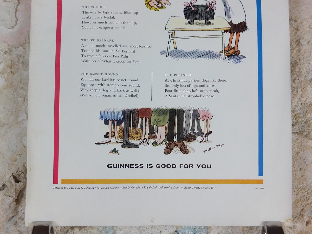 1961 Guinness Dog Poster, Stray Doggerel, Shih Tsu, Poodle, St Bernard, Basset Hound, Pekinese, ale Irish stout beer advertising, wall art
