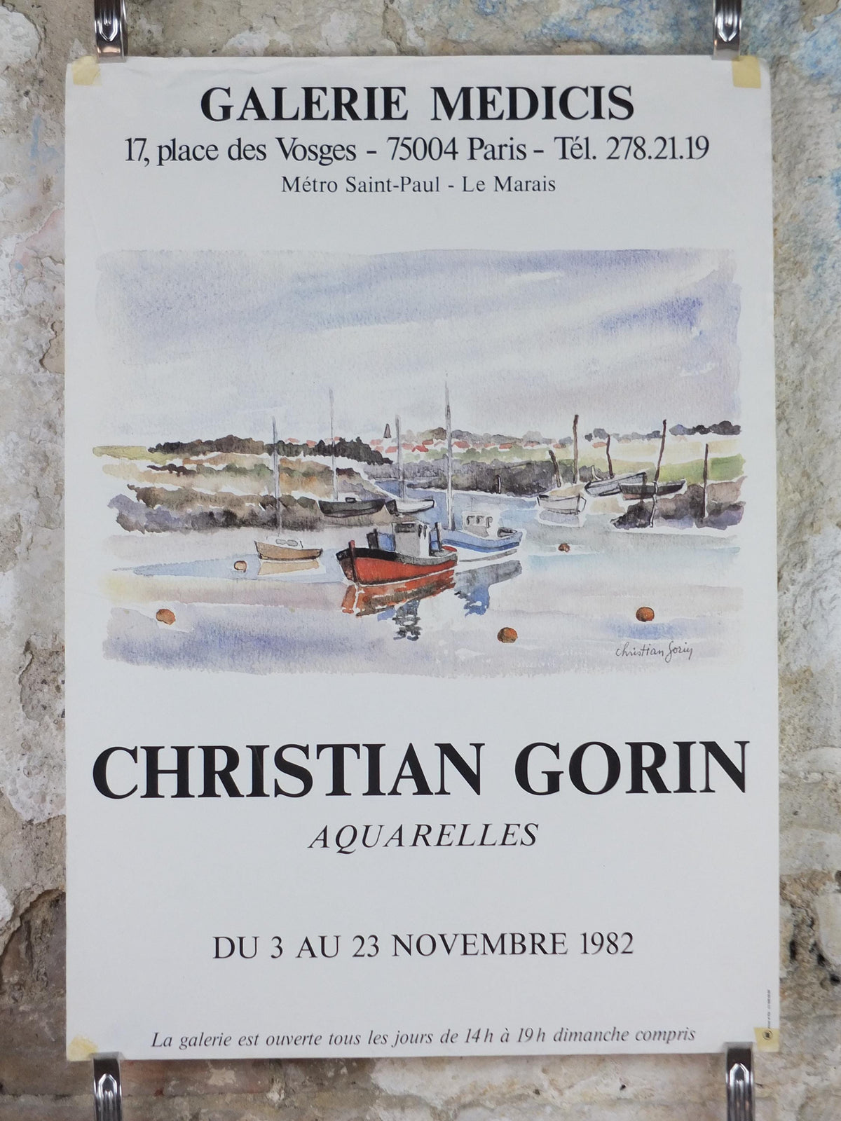 1982 Christian Gorin Poster, sailing boats in a harbour in a French village by the sea on a cloudy day, French Paris, wall art decor