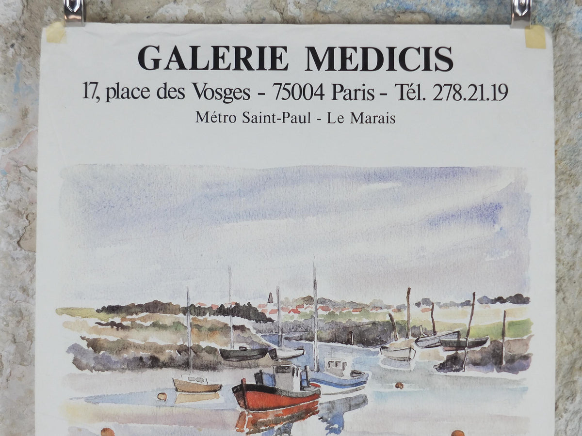 1982 Christian Gorin Poster, sailing boats in a harbour in a French village by the sea on a cloudy day, French Paris, wall art decor