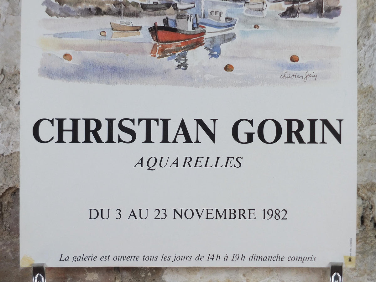 1982 Christian Gorin Poster, sailing boats in a harbour in a French village by the sea on a cloudy day, French Paris, wall art decor