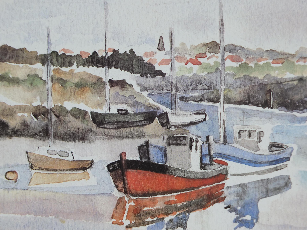 1982 Christian Gorin Poster, sailing boats in a harbour in a French village by the sea on a cloudy day, French Paris, wall art decor