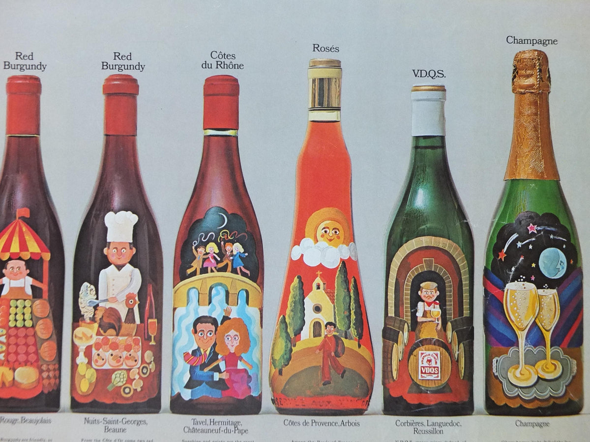 1970s Wines of France Poster, Types of French wines, Vins de France, advertising and marketing, kitchen Viticulture print wall art decor