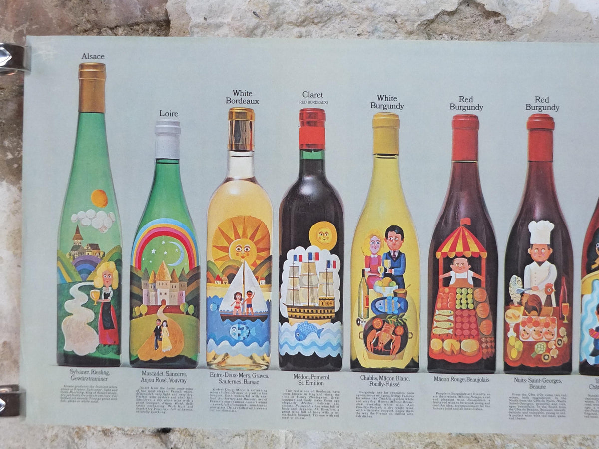 1970s Wines of France Poster, Types of French wines, Vins de France, advertising and marketing, kitchen Viticulture print wall art decor