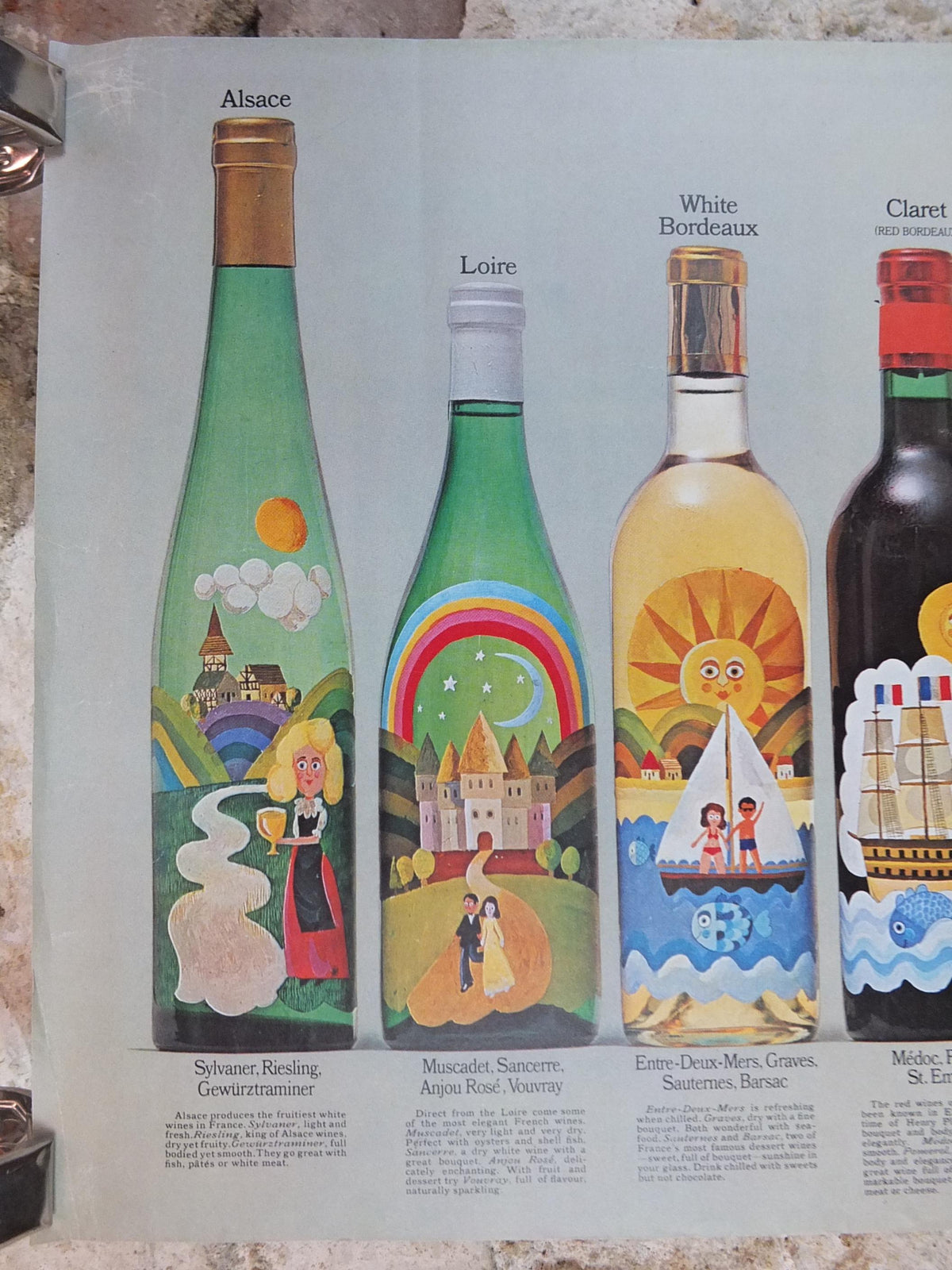 1970s Wines of France Poster, Types of French wines, Vins de France, advertising and marketing, kitchen Viticulture print wall art decor