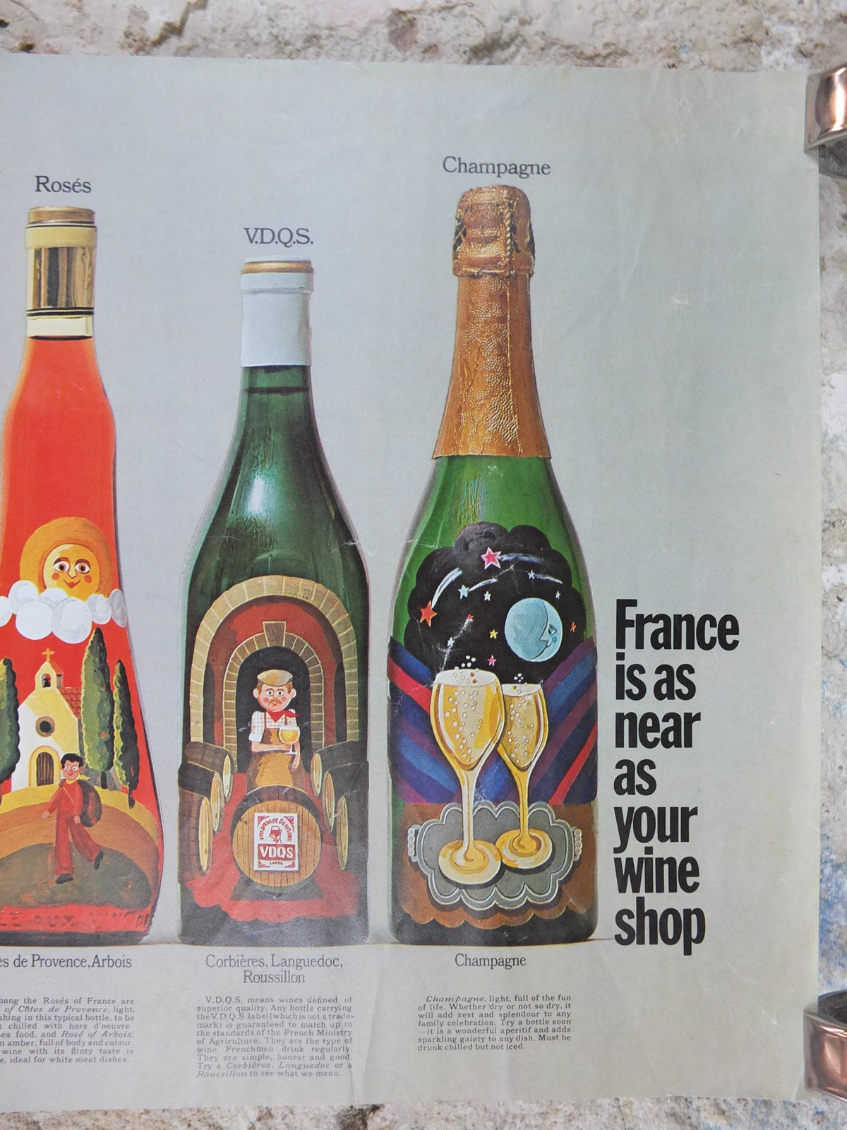 1970s Wines of France Poster, Types of French wines, Vins de France, advertising and marketing, kitchen Viticulture print wall art decor