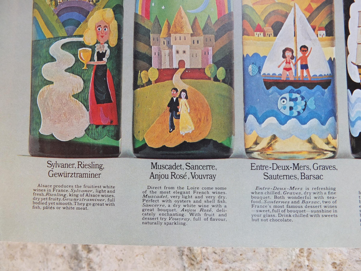 1970s Wines of France Poster, Types of French wines, Vins de France, advertising and marketing, kitchen Viticulture print wall art decor
