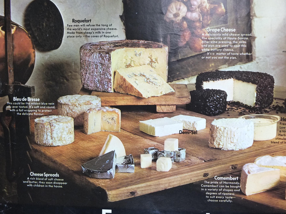 1970s Cheeses of France Poster, Fromages de France, Roquefort, Brie, Camembert, cheesemaking, kitchenalia wall art decor