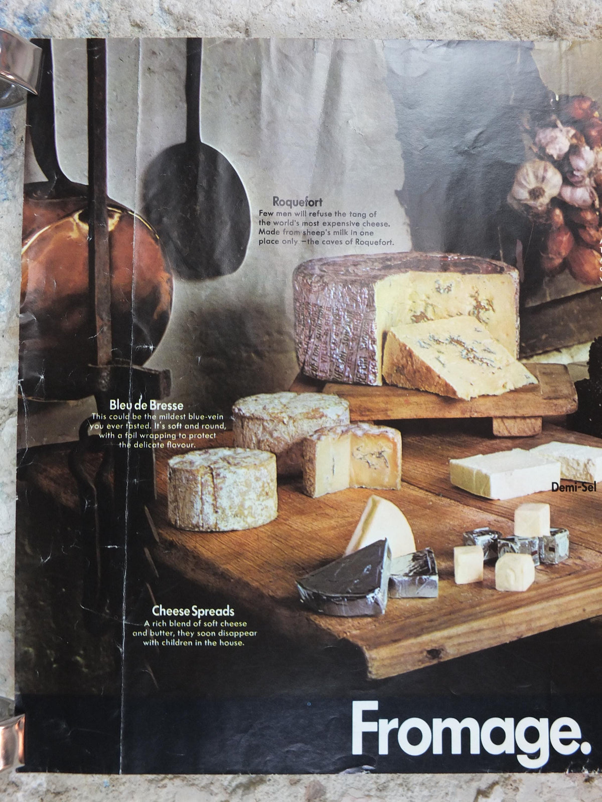 1970s Cheeses of France Poster, Fromages de France, Roquefort, Brie, Camembert, cheesemaking, kitchenalia wall art decor