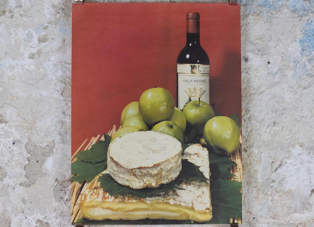 1960s Cheeses of France Poster, soft cheeses with apples, Fromages de France, TRIMMED, cheesemaking, Haut Medoc, kitchenalia wall art decor