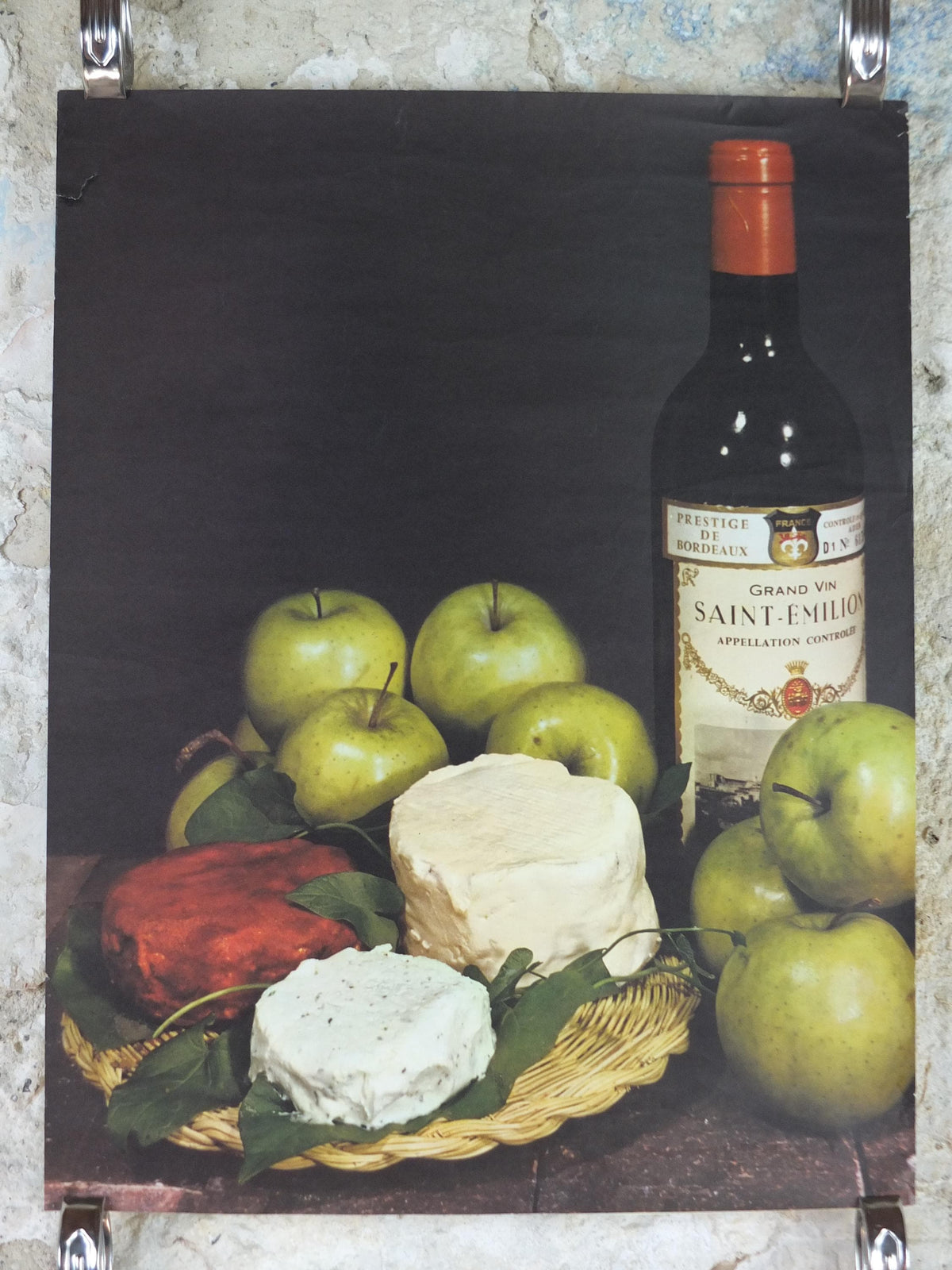 1960s Cheeses of France Poster, soft cheeses & apples, Fromages de France, TRIMMED, cheesemaking, Saint-Emelion, kitchenalia wall art decor