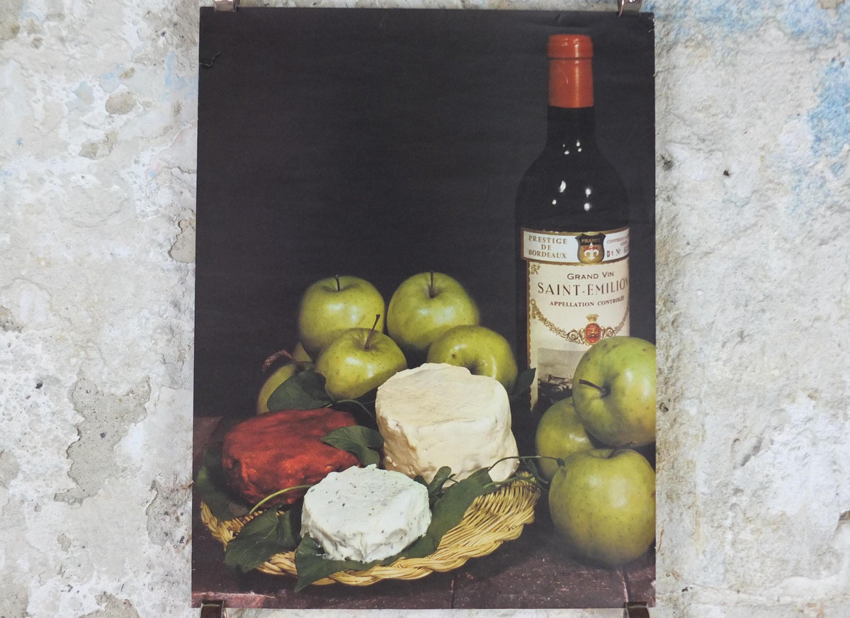 1960s Cheeses of France Poster, soft cheeses & apples, Fromages de France, TRIMMED, cheesemaking, Saint-Emelion, kitchenalia wall art decor