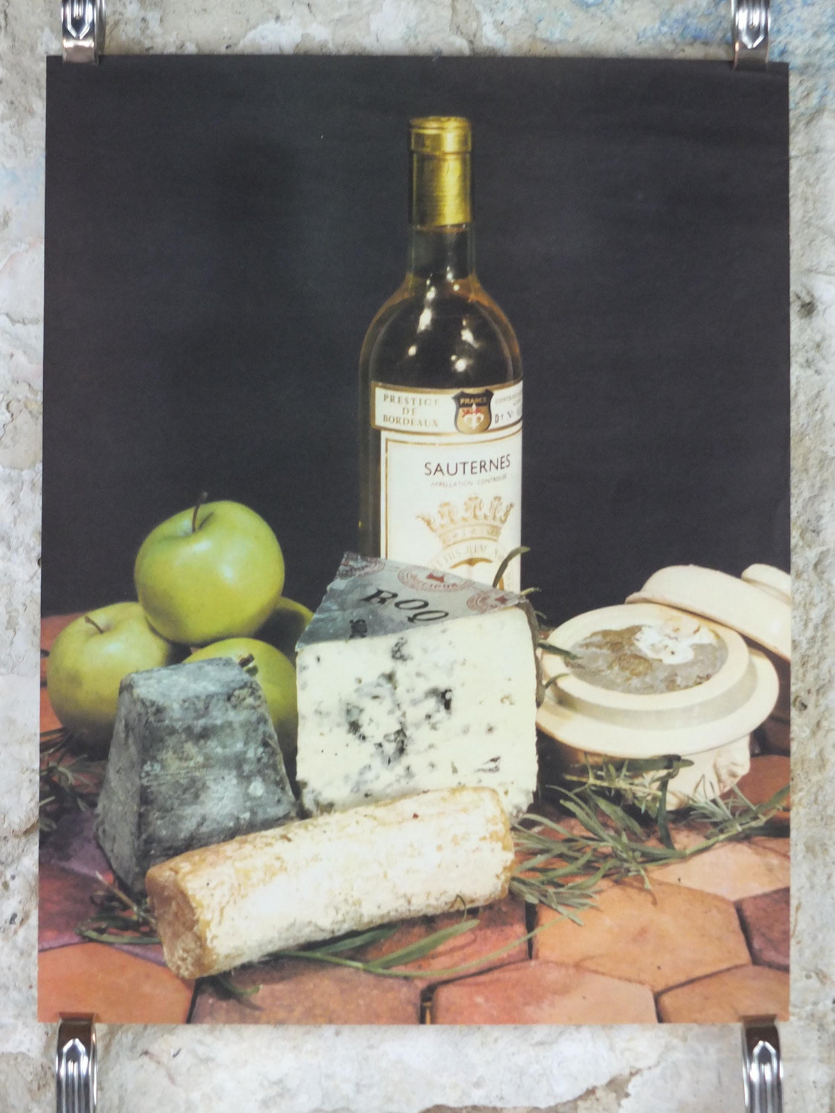 1960s Cheeses of France Poster, Roquefort cheeses & apples, Fromages de France, TRIMMED, cheesemaking, Sauternes, kitchenalia wall art decor