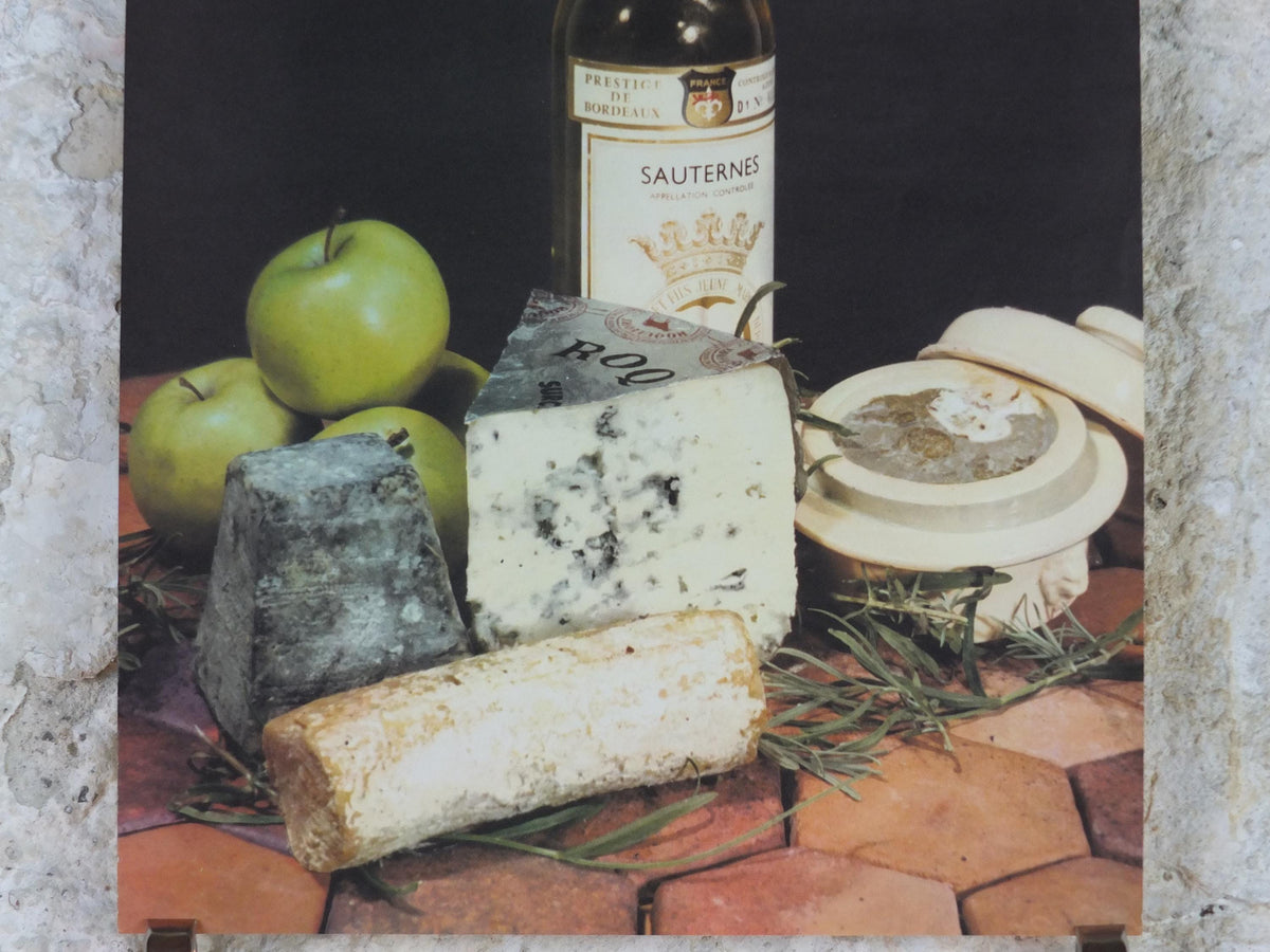 1960s Cheeses of France Poster, Roquefort cheeses & apples, Fromages de France, TRIMMED, cheesemaking, Sauternes, kitchenalia wall art decor