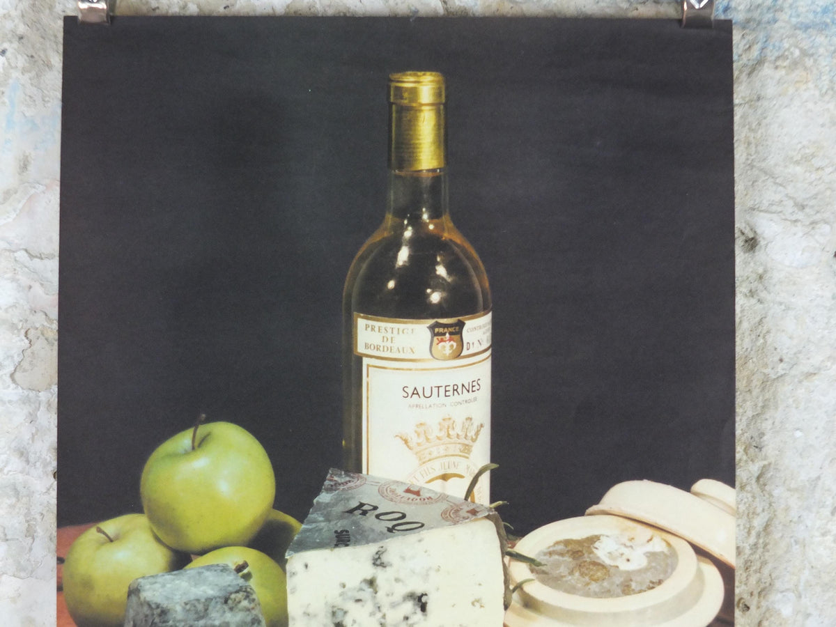 1960s Cheeses of France Poster, Roquefort cheeses & apples, Fromages de France, TRIMMED, cheesemaking, Sauternes, kitchenalia wall art decor
