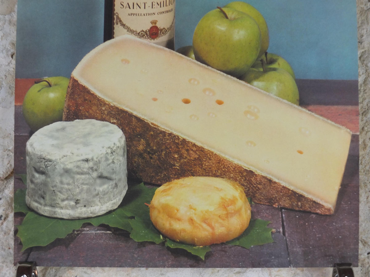 1960s Cheeses of France Poster, Comte cheeses & apples, Fromages de France, TRIMMED, cheesemaking, Saint-Emelion, kitchenalia wall art decor