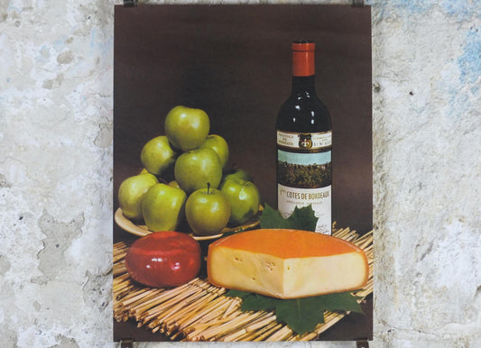 1960s Cheeses of France Poster, Baby Gouda, "Fromages de France", cheesemaking, TRIMMED, Cotes de Bourdeaux, kitchenalia wall art decor