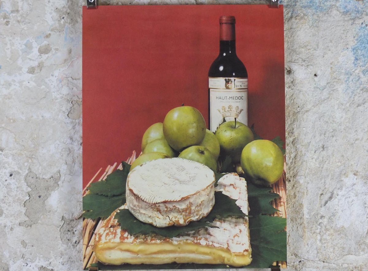 1960s Cheeses of France Poster, soft cheeses with apples, Fromages de France, TRIMMED, cheesemaking, Haut Medoc, kitchenalia wall art decor