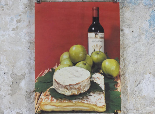 1960s Cheeses of France Poster, soft cheeses with apples, Fromages de France, TRIMMED, cheesemaking, Haut Medoc, kitchenalia wall art decor