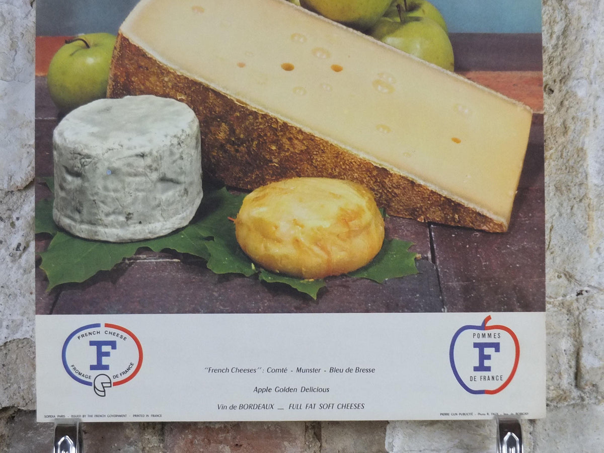 1960s Cheeses of France Poster, Comte Munster Blue de Bresse, cheeses & apples, Fromages de France, Saint-Emelion kitchenalia wall art decor
