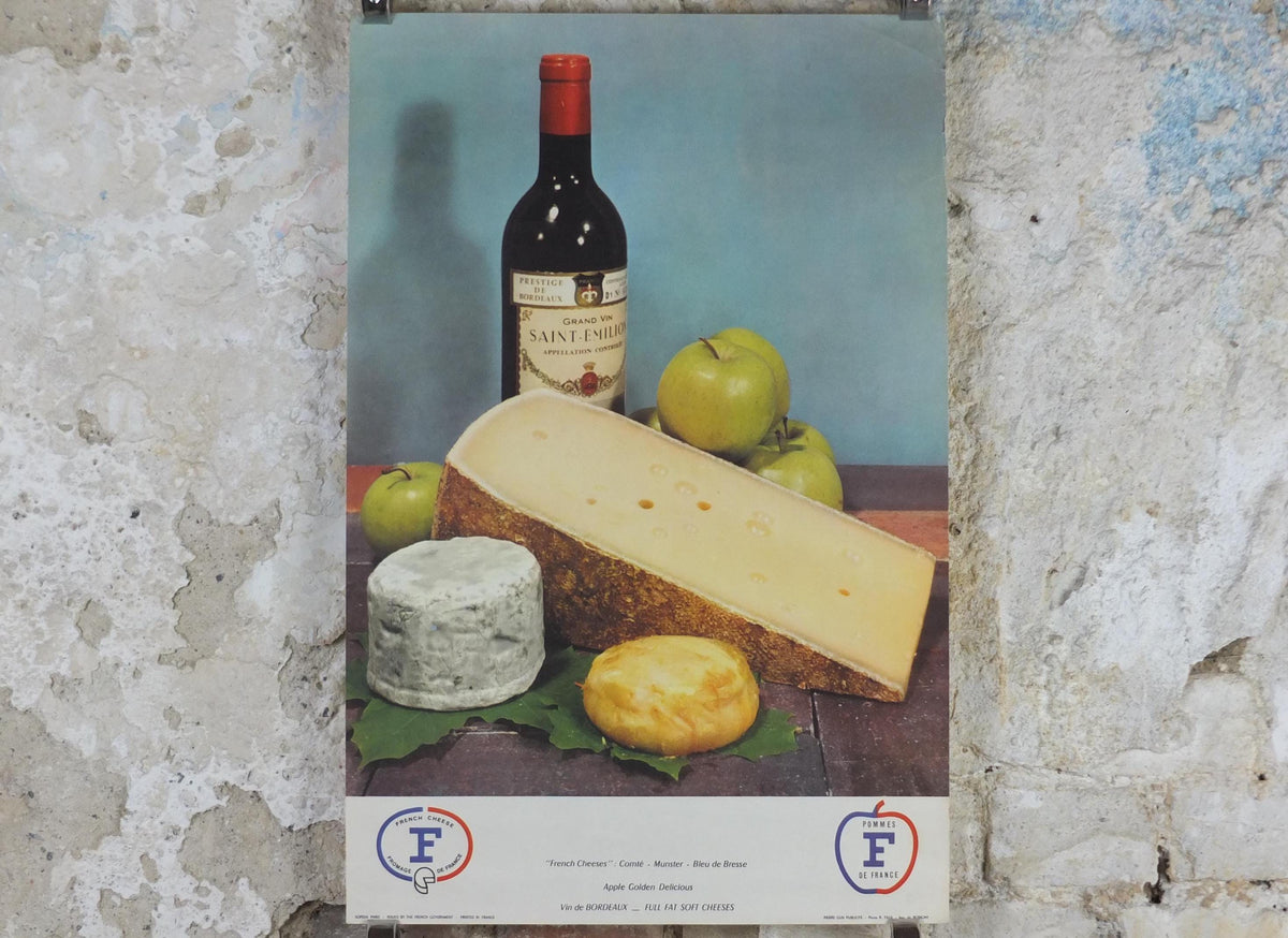 1960s Cheeses of France Poster, Comte Munster Blue de Bresse, cheeses & apples, Fromages de France, Saint-Emelion kitchenalia wall art decor