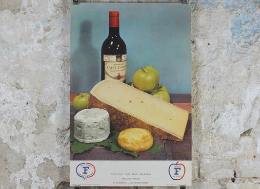 1960s Cheeses of France Poster, Comte Munster Blue de Bresse, cheeses & apples, Fromages de France, Saint-Emelion kitchenalia wall art decor