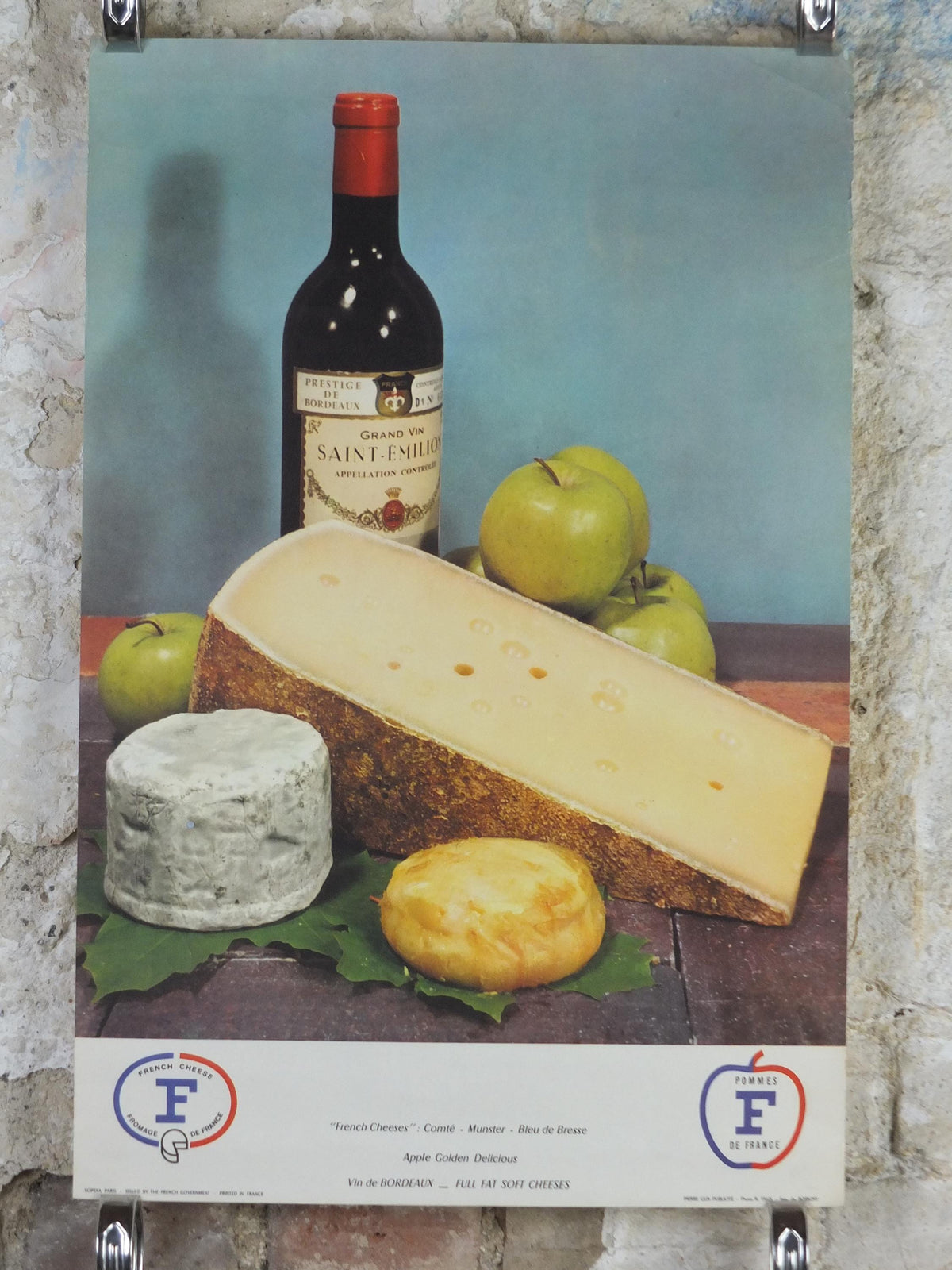 1960s Cheeses of France Poster, Comte, Munster, Bleu de Bresse cheeses & apples Fromages de France, Saint-Emelion kitchenalia wall art decor