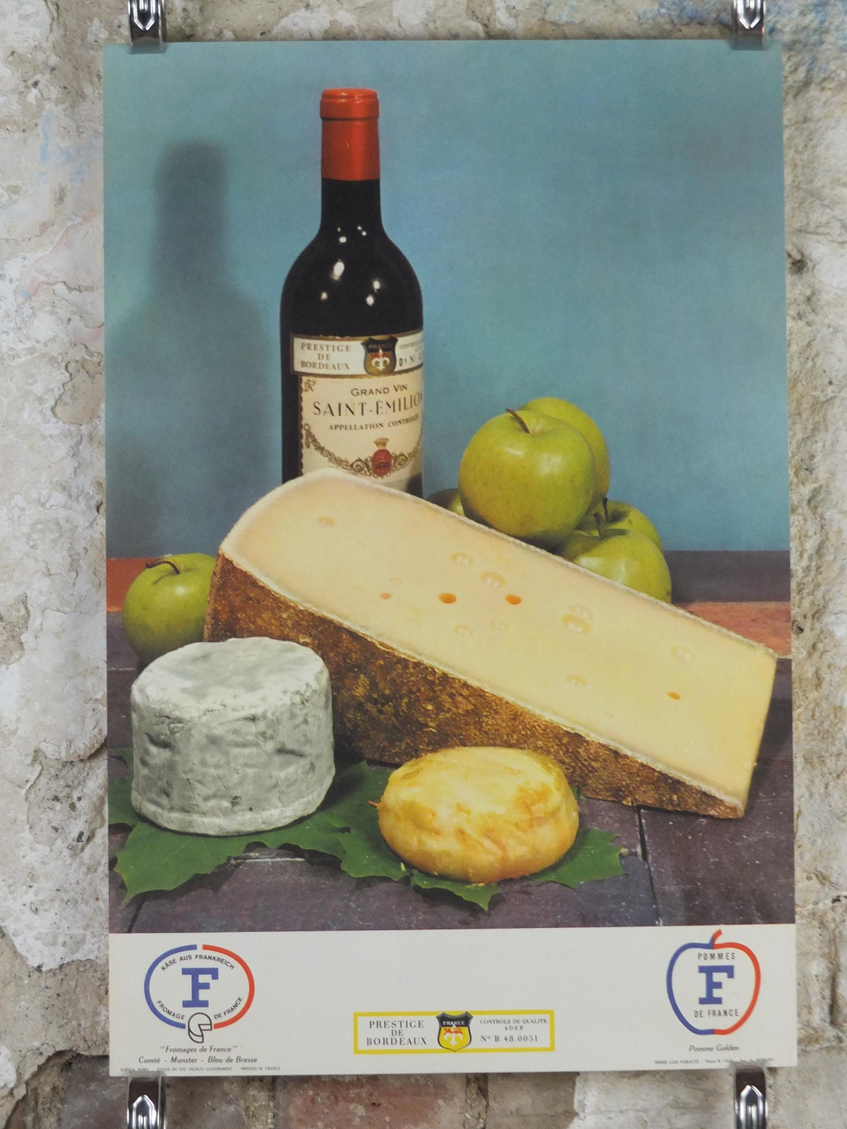 1960s Cheeses of France Poster, Comte, Munster, Bleu de Bresse cheeses & apples Fromages de France, Saint-Emelion kitchenalia wall art decor