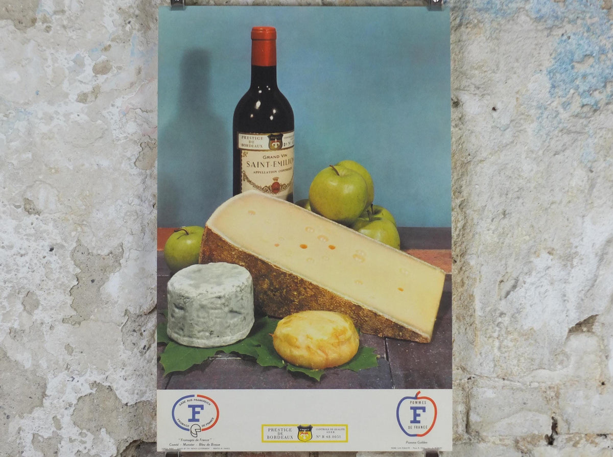 1960s Cheeses of France Poster, Comte, Munster, Bleu de Bresse cheeses & apples Fromages de France, Saint-Emelion kitchenalia wall art decor