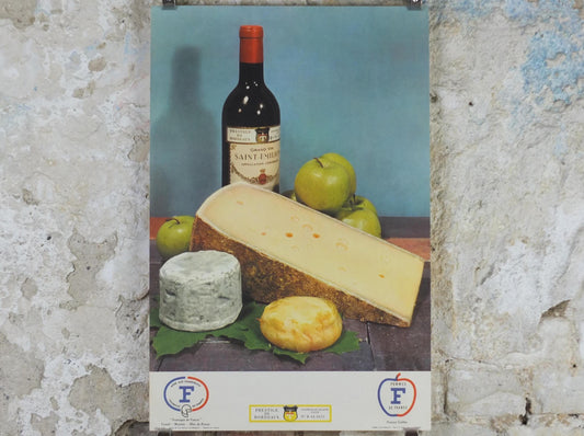 1960s Cheeses of France Poster, Comte, Munster, Bleu de Bresse cheeses & apples Fromages de France, Saint-Emelion kitchenalia wall art decor