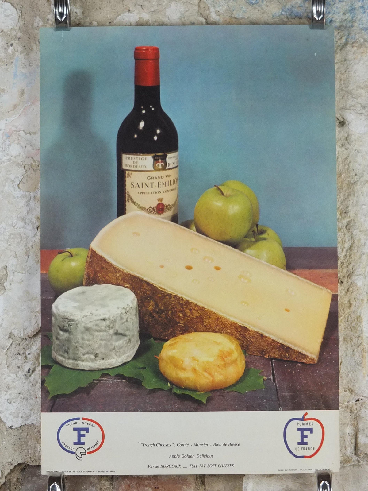 1960s Cheeses of France Poster, Comte, Munster, Bleu de Bresse cheeses & apples Fromages de France, Saint-Emelion kitchenalia wall art decor