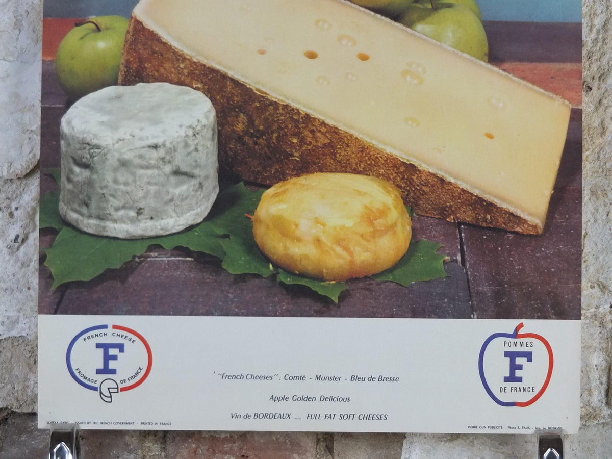 1960s Cheeses of France Poster, Comte, Munster, Bleu de Bresse cheeses & apples Fromages de France, Saint-Emelion kitchenalia wall art decor