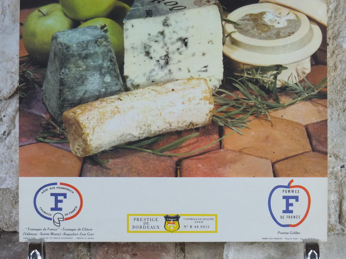 1960s Cheeses of France Poster, Roquefort cheeses & apples, Fromages de France, Foie gras, Sauternes, kitchenalia wall art decor